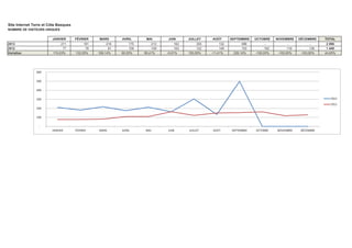 Site Internet Terre et Côte Basques
NOMBRE DE PAGES VUES
JANVIER

FÉVRIER

MARS

AVRIL

MAI

1 537
533
188,37%

2013
2012
Variation

1 435
535
168,22%

1 204
569
111,60%

822
533
54,22%

964
639
50,86%

JUIN
1 004
928
8,19%

JUILLET

AOÛT

SEPTEMBRE

OCTOBRE

NOVEMBRE

1 196
1 061
12,72%

624
854
-26,93%

1 224
751
62,98%

1 209
603
100,50%

1 880
527
256,74%

DÉCEMBRE
905
977
-7,37%

TOTAL
14 004
8 510
64,56%

2 000
1 800
1 600
1 400
1 200
1 000

2013

800

2012

600
400
200
JANVIER

FÉVRIER

MARS

AVRIL

MAI

JUIN

JUILLET

AOÛT

SEPTEMBRE

OCTOBRE

NOVEMBRE

DÉCEMBRE

 
