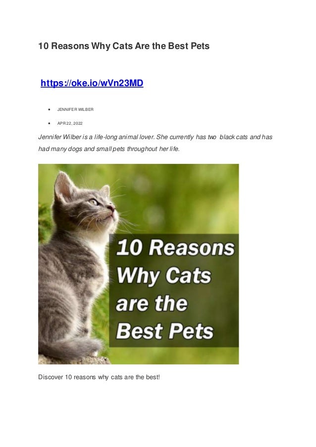 10 Reasons Why Cats Are the Best Pets
https://oke.io/wVn23MD
 JENNIFER WILBER
 APR 22, 2022
Jennifer Wilber is a life-long animal lover. She currently has two black cats and has
had many dogs and small pets throughout her life.
Discover 10 reasons why cats are the best!
 