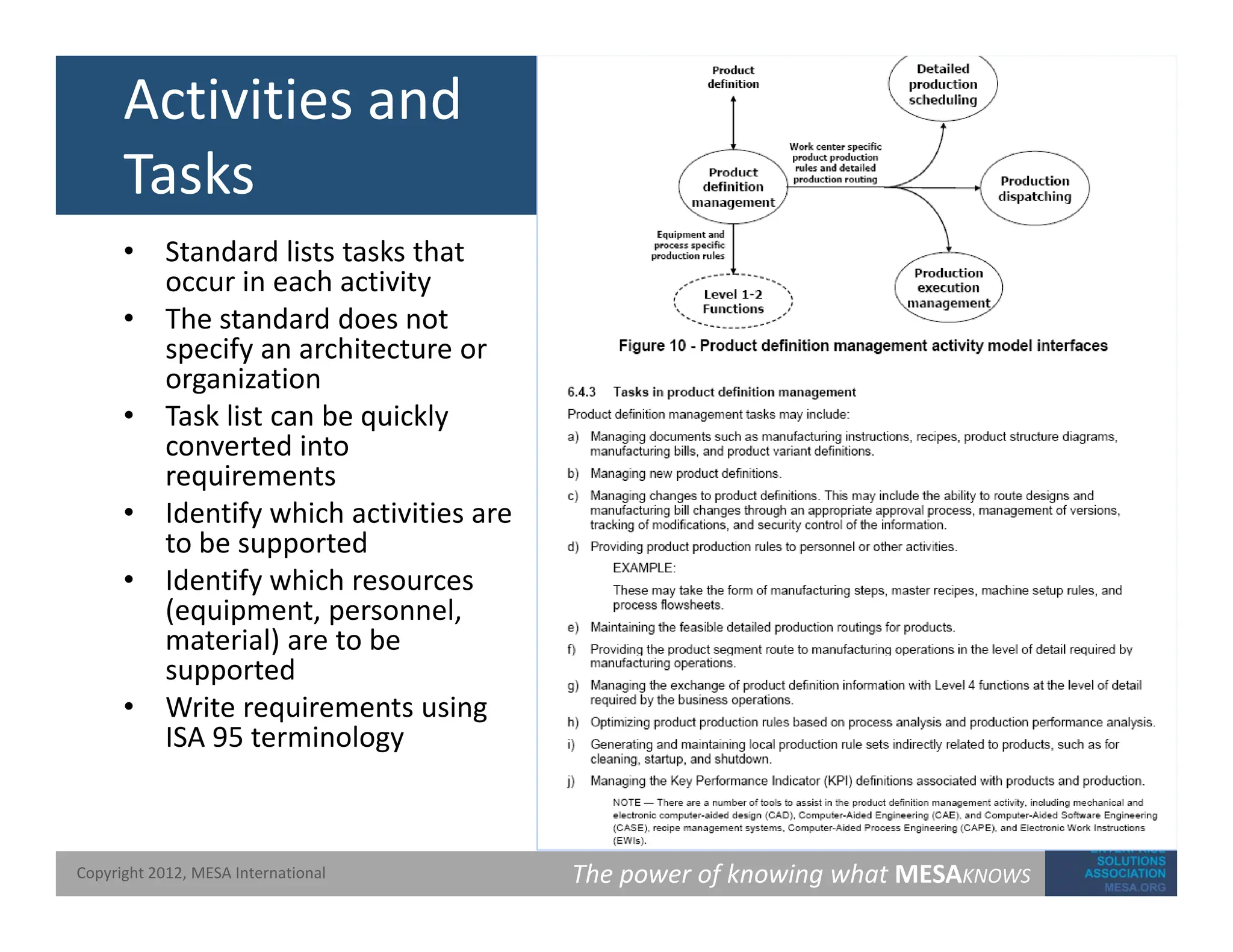 Activities and
Tasks
Tasks
• Standard lists tasks that
occur in each activity
y
• The standard does not
specify an architecture or
organization
• Task list can be quickly
• Task list can be quickly
converted into
requirements
• Identify which activities are
t b t d
to be supported
• Identify which resources
(equipment, personnel,
material) are to be
supported
• Write requirements using
ISA 95 terminology
The power of knowing what MESAKNOWS
Copyright 2012, MESA International
 