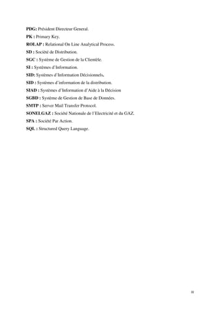 PDG: Président Directeur General.
PK : Primary Key.
ROLAP : Relational On Line Analytical Process.
SD : Socièté de Distribution.
SGC : Système de Gestion de la Clientèle.
SI : Systèmes d’Information.
SID: Systèmes d’Information Décisionnels.
SID : Systèmes d’information de la distribution.
SIAD : Systèmes d’Information d’Aide à la Décision
SGBD : Système de Gestion de Base de Données.
SMTP : Server Mail Transfer Protocol.
SONELGAZ : Société Nationale de l’Electricité et du GAZ.
SPA : Société Par Action.
SQL : Structured Query Language.




                                                           III
 