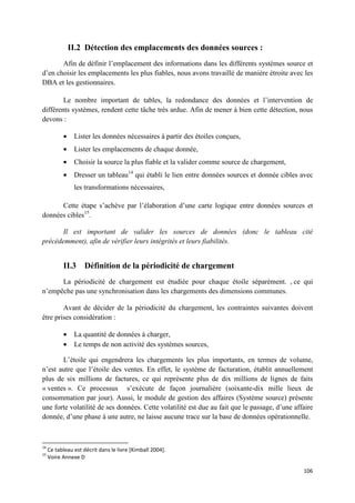 II.2 Détection des emplacements des données sources :
       Afin de définir l’emplacement des informations dans les différents systèmes source et
d’en choisir les emplacements les plus fiables, nous avons travaillé de manière étroite avec les
DBA et les gestionnaires.

        Le nombre important de tables, la redondance des données et l’intervention de
différents systèmes, rendent cette tâche très ardue. Afin de mener à bien cette détection, nous
devons :

           •    Lister les données nécessaires à partir des étoiles conçues,
           •    Lister les emplacements de chaque donnée,
           •    Choisir la source la plus fiable et la valider comme source de chargement,
           •    Dresser un tableau14 qui établi le lien entre données sources et donnée cibles avec
                les transformations nécessaires,

      Cette étape s’achève par l’élaboration d’une carte logique entre données sources et
données cibles15.

       Il est important de valider les sources de données (donc le tableau cité
précédemment), afin de vérifier leurs intégrités et leurs fiabilités.


           II.3 Définition de la périodicité de chargement
      La périodicité de chargement est étudiée pour chaque étoile séparément. , ce qui
n’empêche pas une synchronisation dans les chargements des dimensions communes.

        Avant de décider de la périodicité du chargement, les contraintes suivantes doivent
être prises considération :

           •    La quantité de données à charger,
           •    Le temps de non activité des systèmes sources,

       L’étoile qui engendrera les chargements les plus importants, en termes de volume,
n’est autre que l’étoile des ventes. En effet, le système de facturation, établit annuellement
plus de six millions de factures, ce qui représente plus de dix millions de lignes de faits
« ventes ». Ce processus s’exécute de façon journalière (soixante-dix mille lieux de
consommation par jour). Aussi, le module de gestion des affaires (Système source) présente
une forte volatilité de ses données. Cette volatilité est due au fait que le passage, d’une affaire
donnée, d’une phase à une autre, ne laisse aucune trace sur la base de données opérationnelle.



14
     Ce tableau est décrit dans le livre [Kimball 2004].
15
     Voire Annexe D

                                                                                               106
 