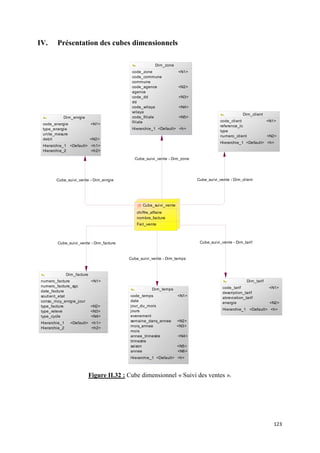 IV.     Présentation des cubes dimensionnels

                                                        Dim_zone
                                             code_zone               <N1>
                                             code_commune
                                             commune
                                             code_agence             <N2>
                                             agence
                                             code_dd                 <N3>
                                             dd
                                             code_wilaya             <N4>
                                             wilaya
                                                                                                    Dim_client
           Dim_enrgie                        code_filiale            <N5>
                                             filiale                                    code_client                 <N1>
 code_energie                <N1>
                                                                                        reference_lc
 type_energie                                Hierarchie_1 <Default> <h>
                                                                                        type
 unite_mesure
                                                                                        numero_client               <N2>
 debit                       <N2>
                                                                                        Hierarchie_1 <Default> <h>
 Hierarchie_1 <Default> <h1>
 Hierarchie_2           <h2>

                                              Cube_suivi_vente - Dim_zone




        Cube_suivi_vente - Dim_enrgie                                       Cube_suivi_vente - Dim_client




                                                  Cube_suivi_vente
                                               chiffre_affaire
                                               nombre_facture
                                               Fait_vente



        Cube_suivi_vente - Dim_facture                                       Cube_suivi_vente - Dim_tarif



                                            Cube_suivi_vente - Dim_temps



               Dim_facture
numero_facture                <N1>                                                                      Dim_tarif
numero_facture_sgc                                                                       code_tarif                  <N1>
                                                       Dim_temps
date_facture                                                                             description_tarif
soutient_etat                               code_temps               <N1>
                                                                                         abreviation_tarif
conso_moy_enrgie_jour                       date
                                                                                         energie                     <N2>
type_facture                 <N2>           jour_du_mois
                                            jours                                        Hierarchie_1 <Default> <h>
type_releve                  <N3>
type_cycle                   <N4>           evenement
                                            semaine_dans_annee       <N2>
Hierarchie_1     <Default> <h1>
                                            mois_annee               <N3>
Hierarchie_2               <h2>
                                            mois
                                            annee_trimestre          <N4>
                                            trimestre
                                            saison                   <N5>
                                            annee                    <N6>
                                            Hierarchie_1 <Default> <h>



                             Figure II.32 : Cube dimensionnel « Suivi des ventes ».




                                                                                                                       123
 