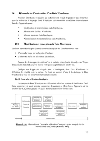 IV.          Démarche de Construction d’un Data Warehouse
       Plusieurs chercheurs ou équipes de recherche ont essayé de proposer des démarches
pour la réalisation d’un projet Data Warehouse, ces démarches se croisent essentiellement
dans les étapes suivantes :

         •       Modélisation et conception du Data Warehouse,
         •       Alimentation du Data Warehouse,
         •       Mise en œuvre du Data Warehouse,
         •       Administration et maintenance du Data Warehouse,

   IV.1          Modélisation et conception du Data Warehouse
Les deux approches les plus connues dans la conception des Data Warehouse sont :

   •     L’approche basée sur les besoins d’analyse,
   •     L’approche basée sur les sources de données,

       Aucune des deux approches citées n’est ni parfaite, ni applicable à tous les cas. Toutes
deux doivent être étudiées pour choisir celle qui s’adapte le mieux à notre cas.

        Quelque soit l’approche adoptée pour la conception d’un Data Warehouse, la
définition de celui-là reste la même. En étant un support d’aide à la décision, le Data
Warehouse se base sur une architecture dimensionnelle.

   IV.1.1 Approche « Besoins d’analyse »

        Le contenu du Data Warehouse sera déterminé selon les besoins de l’utilisateur final.
Cette approche est aussi appelée « approche descendante » (Top-Down Approach) et est
illustrée par R. Kimball grâce à son cycle de vie dimensionnel comme suit :




       Figure I.16 : illustration de l’approche « Besoins d’analyse » grâce au cycle de vie
                                dimensionnel de Kimball [Kimball, 2004].

                                                                                              34
 