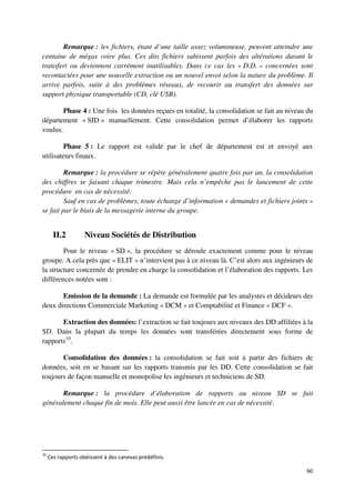 Remarque : les fichiers, étant d’une taille assez volumineuse, peuvent atteindre une
centaine de mégas voire plus. Ces dits fichiers subissent parfois des altérations durant le
transfert ou deviennent carrément inutilisables. Dans ce cas les « D.D. » concernées sont
recontactées pour une nouvelle extraction ou un nouvel envoi selon la nature du problème. Il
arrive parfois, suite à des problèmes réseaux, de recourir au transfert des données sur
support physique transportable (CD, clé USB).

        Phase 4 : Une fois les données reçues en totalité, la consolidation se fait au niveau du
département « SID » manuellement. Cette consolidation permet d’élaborer les rapports
voulus.

         Phase 5 : Le rapport est validé par le chef de département est et envoyé aux
utilisateurs finaux.

         Remarque : la procédure se répète généralement quatre fois par an, la consolidation
des chiffres se faisant chaque trimestre. Mais cela n’empêche pas le lancement de cette
procédure en cas de nécessité.
         Sauf en cas de problèmes, toute échange d’information « demandes et fichiers joints »
se fait par le biais de la messagerie interne du groupe.


       II.2         Niveau Sociétés de Distribution
        Pour le niveau « SD », la procédure se déroule exactement comme pour le niveau
groupe. A cela près que « ELIT » n’intervient pas à ce niveau là. C’est alors aux ingénieurs de
la structure concernée de prendre en charge la consolidation et l’élaboration des rapports. Les
différences notées sont :

       Emission de la demande : La demande est formulée par les analystes et décideurs des
deux directions Commerciale Marketing « DCM » et Comptabilité et Finance « DCF ».

       Extraction des données: l’extraction se fait toujours aux niveaux des DD affiliées à la
SD. Dans la plupart du temps les données sont transférées directement sous forme de
rapports10.

       Consolidation des données : la consolidation se fait soit à partir des fichiers de
données, soit en se basant sur les rapports transmis par les DD. Cette consolidation se fait
toujours de façon manuelle et monopolise les ingénieurs et techniciens de SD.

       Remarque : la procédure d’élaboration de rapports au niveau SD se fait
généralement chaque fin de mois. Elle peut aussi être lancée en cas de nécessité.




10
     Ces rapports obéissent à des canevas prédéfinis.

                                                                                             60
 