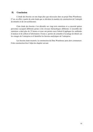 II.    Conclusion
        L’étude des besoins est une étape plus que nécessaire dans un projet Data Warehouse.
C’est, en effet, à partir de cette étude que se décidera la manière de construction de l’entrepôt
de données et de son architecture.

        Cette étude des besoins s’est déroulée sur vingt trois entretiens et a concerné quinze
personnes occupant différents postes à des niveaux hiérarchiques différents. L’ensemble des
entretiens a duré plus de 33 heures et nous ont permis tout d’abord d’appliquer les méthodes
d’analyse et de collecte d’information. Il nous a permis de connaître d’avantage de détails sur
les rouages de l’entreprise et d’identifier les besoins analytiques de l’entreprise.

       Les besoins étant recensés, la construction du Data Warehouse peut alors commencer.
Cette construction fera l’objet du chapitre suivant.




                                                                                              70
 