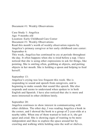 Document #1: Weekly Observations
Case Study 1: Angelica
Age: 9 months old
Location: Early Childhood Care Center
Document #1: Weekly Observations
Read this month’s worth of weekly observation reports by
Angelica’s primary caregiver at her early childhood care center:
September 6:
This week, Angelica has continued to cry at periods throughout
the day. It often happens when she is tired before a nap. I have
noticed that she is using other expressions to ask for things, like
pointing. She is smiling often, grabbing at objects, and putting
objects in her mouth. She is holding a spoon and helping to feed
herself.
September 13:
Angelica’s crying was less frequent this week. She is
responding to sound and speech from caregivers, and is
beginning to make sounds that sound like speech. She also
responds and seems to understand when spoken to in both
English and Spanish. I have also noticed that she is more and
more interested in other children lately.
September 20:
Angelica continues to show interest in communicating with
other children. The other day, I was reading Angelica a book in
the corner, and I showed the book to a group of 2-year-olds at a
nearby table. When one of them wanted to look at it, she got
upset and cried. She is showing signs of wanting to be more
independent and likes to explore the space around her by
crawling and walking while holding onto the wall or shelves.
 