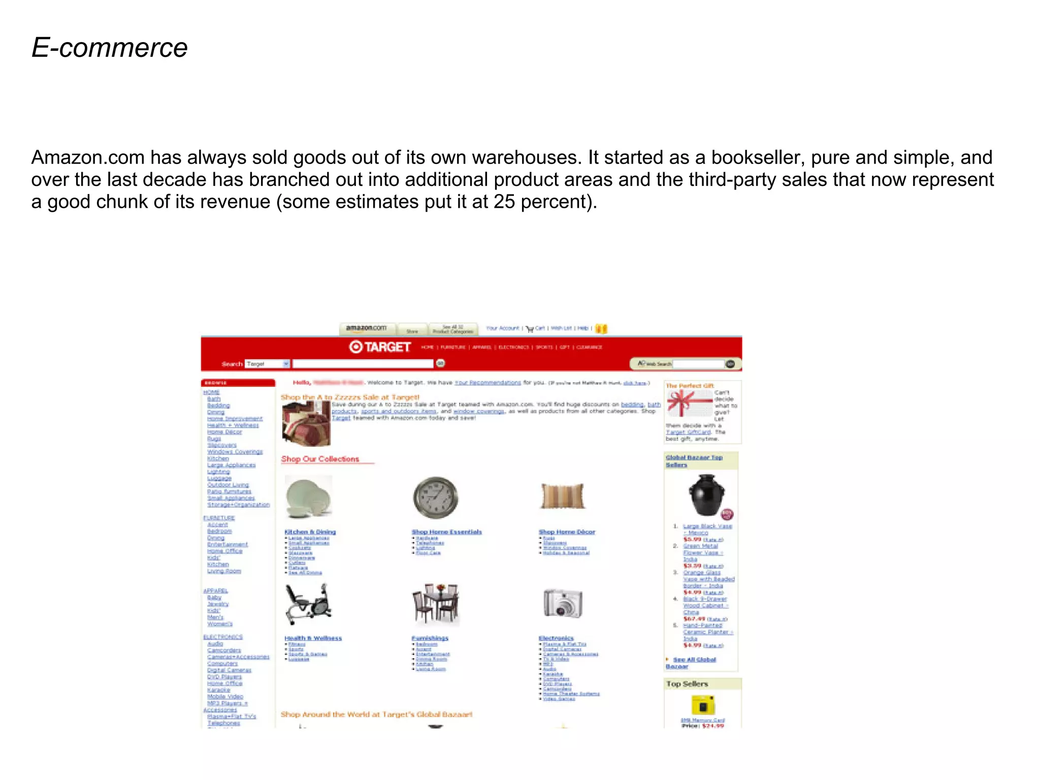 E-commerce
Amazon.com has always sold goods out of its own warehouses. It started as a bookseller, pure and simple, and
over the last decade has branched out into additional product areas and the third-party sales that now represent
a good chunk of its revenue (some estimates put it at 25 percent).
 