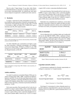 Fonseca F, Melgarejo V, Galindo D, Hernández, B, Quntero, R, Martı́nez, E. / Revista Salud, Historia y Sanidad On-Line 16(1): (2021); 23–29 25
Para los saltos 5 Squat Jumpy 15 seg saltos, hubo fluidez
y continuidad durante su ejecución, sin tiempos de descanso y
con la mayor intensidad posible. Se confirmó que cada sujeto
tuviera tiempo de recuperación o estabilización entre cada test.
3. Resultados
La figura 1 representa los datos demográficos de la mues-
tra en donde las ramas masculina y femenina corresponden a los
16,83±0,39 y 14,92±0,90 años de edad, peso Kg, talla 1,77±0,05
y 1,61±0,06 m e IMC de 22,08±3,70 y 23,08±3,29 % que se
muestran como M y DS, respectivamente.
Figura 1: Datos demográficos de la muestra, ramas masculina y femenina: Edad
(a), peso (k), talla (m) e IMC ( %)
Los datos obtenidos que se presentan en la figura 2, para
las ramas masculina y femenina corresponden a los hallados
en los test de Squat Jump, 30,99±9,5 y 20.88±5.31 cm, CMJ
32.64±9.37 y 22.19±5.59 cm, y ABK 32.64±9.37 y 25.04±6.36
cm. Respectivamente, en M y DS.
Figura 2: Resultados test Squat Jump, CMJ, Abalakov, ramas masculina y fe-
menina. M y DS
Análisis estadı́sticos
Se realizó la prueba de normalidad Shapiro-Wilk para los
valores de Squat jump, CMJ y ABK; se plantean las hipótesis:
hipótesis nula (Ho): la serie de datos para Squat jump en ramas
masculina y femenina si presentan distribución normal mayor
o igual a 0,05; hipótesis alterna (Ha): la serie de datos de Squat
Jump en ramas masculina y femenina no presentan distribución
normal (p· < 0, 05).
En la rama masculina: Para la prueba de Sj el valor de p (p
= 0,1613) es mayor o igual a 0,05, es decir, si presentan distri-
bución normal. Para la prueba CMJ el valor de p (p = 0,1521)
es mayor o igual a 0,05, es decir, si presentan distribución nor-
mal y para la prueba ABK el valor de p (p = 0,3277) es mayor
o igual a 0,05, es decir, si presentan distribución normal.
En la rama femenina: Para la prueba de Sj el valor de p (p =
0,5000) es mayor o igual a 0,05, es decir, si presentan distribu-
ción normal. Para la prueba CMJ el valor de p (p = 0,6906) es
mayor o igual a 0,05, es decir, si presentan distribución normal.
Y para la prueba ABK el valor de p (p = 0,9832) es mayor o
igual a 0,05es decir,si presentan distribución normal.
Realizadas estas comprobaciones estadı́sticas, con los datos
obtenidos se procedió a realizar los análisis de ı́ndice de elasti-
cidad, de la capacidad contractil y elástica, de la contribución de
los brazos en el salto y de la potencia muscular en Wattios/kg.
Índice de elasticidad
Con la obtención de los resultados dados por la aplicación
del test de salto SQUAT JUMP y CMJ, y mediante el despe-
je de la ecuación 1 según la propuesta por Carmelo Bosco se
halló el ı́ndice de elasticidad según la Ecuación: IE =(CMJ-
Squat jump)*100/SJ , que para la rama masculina correspondió
a 5.49±3.3 y para la femenina 6.53±3.6 (figura 3).
Figura 3: Índice de elasticidad. masculina y femenina. M y DS
Capacidad contráctil y elástica
Se determinaron empleando las fórmulas representadas en
la Figura 4, ecuaciones 2 y 3 respectivamente.
Figura 4: Ecuaciones 2 y 3. Fuente Propia
En la figura 5, se presentan los valores obtenidos para la ca-
pacidad contráctil y capacidad elástica, que para rama masculi-
na fueron 78.5±33.2 y 88.8±38.1 y para la femenina 26.6±3.11.9
y 31.7±12.6.
 
