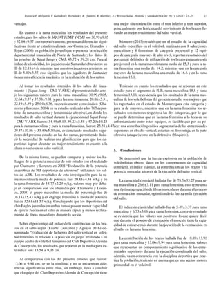 Fonseca F, Melgarejo V, Galindo D, Hernández, B, Quntero, R, Martı́nez, E. / Revista Salud, Historia y Sanidad On-Line 16(1): (2021); 23–29 27
ventajas.
En cuanto a la rama masculina los resultados del presente
estudio, para los saltos de SQUAT JUMP Y CMJ son 30.99±9.05
y 32.64±9.37 cms respectivamente, presentan diferencias signi-
ficativas frente al estudio realizado por Contreras, Granados y
Rojas (2006) en población juvenil que representa la selección
departamental masculina de Norte de Santander; los datos de
las pruebas de Squat Jump y CMJ, 43,72 y 39,28 cm; Para al
ı́ndice de elasticidad, los jugadores de Santander obtuvieron un
IE de 12.18±4.6, mientras que nuestros jugadores arrojaron un
IE de 5.49±3.37, esto significa que los jugadores de Santander
tienen más eficiencia mecánica en la realización de los saltos.
Al tomar los resultados obtenidos de los saltos del linea-
miento 1 [Squat Jump – CMJ Y ABK] el presente estudio arro-
jo los siguientes valores para la rama masculina: 30.99±9.05,
32.64±9.37 y 37.38±9.01, y para la rama femenina: 20.88±5.31,
22.19±5.59 y 25.04±6.36, respectivamente como indicó (Cha-
morro y Lorenzo, 2004) en su estudio realizado a los 765 depor-
tistas de rama masculina y femenina de alto nivel, en donde los
resultados de salto vertical durante la ejecución del Squat Jump
– CMJ Y ABK fueron: 34.49±5.13, 39.23±5.58 y 47.20±10.23
para la rama masculina, y para la rama femenina, fueron: 23.31±4.47,
29.47±10.86 y 33.49±5.30 cm, evidenciando resultados supe-
riores del presente estudio en las dos ramas, permitiendo dedu-
cir la necesidad de realizar una planificación para que los de-
portistas logren alcanzar un mejor rendimiento en cuanto a la
altura o vuelo en su salto vertical.
De la misma forma, se pueden comparar y revisar los ha-
llazgos de la potencia muscular de este estudio con el realizado
por Chamorro y Lorenzo en 2004 “Evaluación de la potencia
anaeróbica de 765 deportistas de alto nivel” utilizando los sal-
tos de ABK. Los resultados de esta investigación para la ra-
ma masculina la media de potencia fue: 20.83±4.34 w/kg y en
la rama femenina de 14.77±2.29 w/kg, valores muy por deba-
jo en comparación con los obtenidos por (Chamorro y Loren-
zo, 2004) el grupo masculino la media del porcentaje fue de
38.18±15.43 w/kg y en el grupo femenino la media de potencia
fue de 32.61±11.57 w/kg. Concluyendo que los deportistas del
club Eagles juveniles en ambas ramas poseen menor capacidad
de ejercer fuerza en el salto de manera rápida y menos recluta-
miento de fibras musculares durante la acción.
Sobre el porcentaje del ı́ndice de la contribución de los bra-
zos en el salto según (Luarte, González y Aguayo 2016) de-
nominado “Evaluación de la fuerza del salto vertical en volei-
bol femenino en relación a la posición de juego” realizado a un
equipo adulto de vóleibol femenino del Club Deportivo Alemán
de Concepción, los resultados que reportan en la media para es-
te ı́ndice son: 15,54 ± 9,05 cm.
Al compararlos con los del presente estudio, que fueron:
13,06 ± 9,94 cm, se ve la similitud y no se encuentran dife-
rencias significativas entre ellos, sin embrago, lleva a concluir
que el equipo del Club Deportivo Alemán de Concepción tiene
una mejor sincronización entre el tren inferior y tren superior,
principalmente por la técnica del movimiento de los brazos lle-
vando un mejor rendimiento del salto vertical.
Montero (2015) resaltó que en el estudio de la capacidad
del salto especı́fico en el voleibol, realizado con 8 selecciones
masculinas y 8 femeninas de categorı́a prejuvenil y 12 equi-
pos de categorı́a mayores de alto nivel, reportan resultados del
porcentaje del ı́ndice de utilización de los brazos para categorı́a
pre-juvenil en la rama masculina una media de 15,3 y para la ra-
ma femenina una media de: 14.2, mientras que en la categorı́a
mayores de la rama masculina una media de 16.6 y en la rama
femenina 15,1.
Teniendo en cuenta los resultados que se reportan en este
estudio para el segmento de IUB, rama masculina 18,8 y rama
femenina 13,06, se evidencia que los resultados de la rama mas-
culina de los voleibolistas del presente estudio son mejores que
los reportados en el estudio de Montero para esta categorı́a y
para la de mayores, mientras que en la rama femenina los re-
sultados son menores respecto a las dos categorı́as, por lo que
se puede determinar que en la rama femenina a la hora de un
enfrentamiento entre estos equipos, es factible que por no po-
seer una contribución positiva segmentaria de las extremidades
superiores en el salto vertical, estarı́an en desventaja, en la parte
ofensiva (ataque) como en la defensiva (bloqueos).
5. Conclusiones
Se determinó que la fuerza explosiva en la población de
voleibolistas obtuvo datos en los componentes de capacidad
contráctil, el ı́ndice elástico, la contribución de los brazos y la
potencia muscular a través de la ejecución del salto vertical.
La capacidad contráctil hallada fue de 78.5±33.27 para ra-
ma masculina y 26.6±3.11 para rama femenina, esto representa
una óptima agrupación de fibras musculares durante el proceso
de contracción muscular, optimizando la fuerza en la ejecución
del salto.
El ı́ndice de elasticidad hallado fue de 5.49±3.37 para rama
masculina y 6.53±3.66 para rama femenina, con este resultado
se evidencia que los valores son positivos, lo que quiere decir
que durante el proceso de elongación el musculo tiene la capa-
cidad de estirarse más durante la ejecución de la contracción en
el salto en la rama femenina.
La contribución de los brazos hallada fue de 18.89±13.92
para rama masculina y 13.06±9.94 para rama femenina, valores
que representan un comportamiento significativo de las extre-
midades superiores durante la ejecución coordinada del salto,
además, va en coherencia con la disciplina deportiva que prac-
tica la población, teniendo en cuenta que es una acción motora
primordial en el voleibol.
 