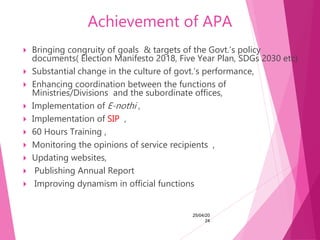Achievement of APA
 Bringing congruity of goals & targets of the Govt.’s policy
documents( Election Manifesto 2018, Five Year Plan, SDGs 2030 etc)
 Substantial change in the culture of govt.’s performance,
 Enhancing coordination between the functions of
Ministries/Divisions and the subordinate offices,
 Implementation of E-nothi ,
 Implementation of SIP ,
 60 Hours Training ,
 Monitoring the opinions of service recipients ,
 Updating websites,
 Publishing Annual Report
 Improving dynamism in official functions
25/04/20
24
 