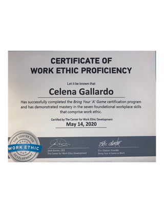 Certificate of Work Ethic Proficiency
