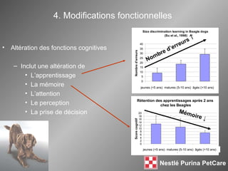 4. Modifications fonctionnelles Altération des fonctions cognitives  Inclut une altération de L’apprentissage La mémoire L’attention Le perception La prise de décision Nombre d’erreurs   Mémoire ↓ Score cognitif  Nombre d’erreurs jeunes (<5 ans)  matures (5-10 ans)  âgés (>10 ans)   jeunes (<5 ans)  matures (5-10 ans)  âgés (>10 ans)   Rétention des apprentissages après 2 ans  chez les Beagles 