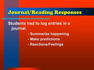 Journal/Reading Responses
Students had to log entries in a
journal.
- Summarize happening
- Make predictions
- Reactions/Feelings
 