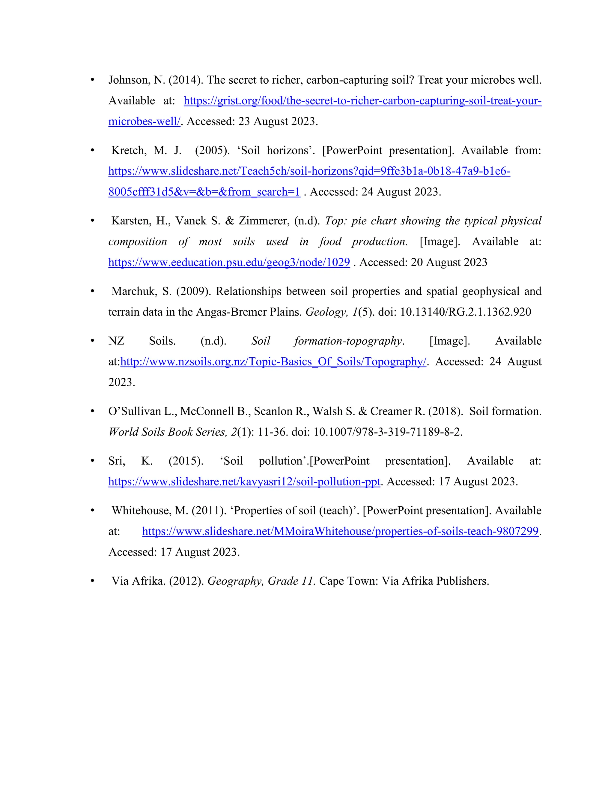 • Johnson, N. (2014). The secret to richer, carbon-capturing soil? Treat your microbes well.
Available at: https://grist.org/food/the-secret-to-richer-carbon-capturing-soil-treat-your-
microbes-well/. Accessed: 23 August 2023.
• Kretch, M. J. (2005). ‘Soil horizons’. [PowerPoint presentation]. Available from:
https://www.slideshare.net/Teach5ch/soil-horizons?qid=9ffe3b1a-0b18-47a9-b1e6-
8005cfff31d5&v=&b=&from_search=1 . Accessed: 24 August 2023.
• Karsten, H., Vanek S. & Zimmerer, (n.d). Top: pie chart showing the typical physical
composition of most soils used in food production. [Image]. Available at:
https://www.eeducation.psu.edu/geog3/node/1029 . Accessed: 20 August 2023
• Marchuk, S. (2009). Relationships between soil properties and spatial geophysical and
terrain data in the Angas-Bremer Plains. Geology, 1(5). doi: 10.13140/RG.2.1.1362.920
• NZ Soils. (n.d). Soil formation-topography. [Image]. Available
at:http://www.nzsoils.org.nz/Topic-Basics_Of_Soils/Topography/. Accessed: 24 August
2023.
• O’Sullivan L., McConnell B., Scanlon R., Walsh S. & Creamer R. (2018). Soil formation.
World Soils Book Series, 2(1): 11-36. doi: 10.1007/978-3-319-71189-8-2.
• Sri, K. (2015). ‘Soil pollution’.[PowerPoint presentation]. Available at:
https://www.slideshare.net/kavyasri12/soil-pollution-ppt. Accessed: 17 August 2023.
• Whitehouse, M. (2011). ‘Properties of soil (teach)’. [PowerPoint presentation]. Available
at: https://www.slideshare.net/MMoiraWhitehouse/properties-of-soils-teach-9807299.
Accessed: 17 August 2023.
• Via Afrika. (2012). Geography, Grade 11. Cape Town: Via Afrika Publishers.
 