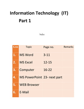 Information Technology (IT)
Part 1
Index
S.no Topic Page no. Remarks
1. MS Word 3-11
2. MS Excel 12-15
3. Computer 16-22
4. MS PowerPoint 23- next part
5. WEB Browser
6. E-Mail
 