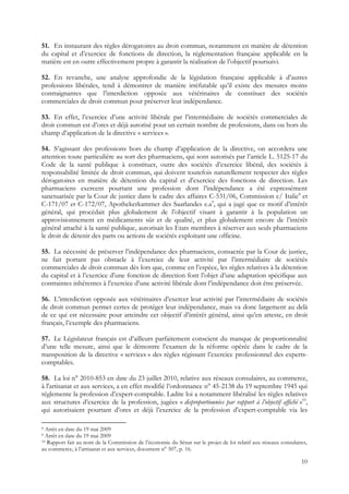 51. En instaurant des règles dérogatoires au droit commun, notamment en matière de détention
du capital et d’exercice de fonctions de direction, la réglementation française applicable en la
matière est en outre effectivement propre à garantir la réalisation de l’objectif poursuivi.

52. En revanche, une analyse approfondie de la législation française applicable à d’autres
professions libérales, tend à démontrer de manière irréfutable qu’il existe des mesures moins
contraignantes que l’interdiction opposée aux vétérinaires de constituer des sociétés
commerciales de droit commun pour préserver leur indépendance.

53. En effet, l’exercice d’une activité libérale par l’intermédiaire de sociétés commerciales de
droit commun est d’ores et déjà autorisé pour un certain nombre de professions, dans ou hors du
champ d’application de la directive « services ».

54. S’agissant des professions hors du champ d’application de la directive, on accordera une
attention toute particulière au sort des pharmaciens, qui sont autorisés par l’article L. 5125-17 du
Code de la santé publique à constituer, outre des sociétés d’exercice libéral, des sociétés à
responsabilité limitée de droit commun, qui doivent toutefois naturellement respecter des règles
dérogatoires en matière de détention du capital et d’exercice des fonctions de direction. Les
pharmaciens exercent pourtant une profession dont l’indépendance a été expressément
sanctuarisée par la Cour de justice dans le cadre des affaires C-531/06, Commission c/ Italie8 et
C-171/07 et C-172/07, Apothekerkammer des Saarlandes e.a9, qui a jugé que ce motif d’intérêt
général, qui procédait plus globalement de l’objectif visant à garantir à la population un
approvisionnement en médicaments sûr et de qualité, et plus globalement encore de l’intérêt
général attaché à la santé publique, autorisait les Etats membres à réserver aux seuls pharmaciens
le droit de détenir des parts ou actions de sociétés exploitant une officine.

55. La nécessité de préserver l’indépendance des pharmaciens, consacrée par la Cour de justice,
ne fait portant pas obstacle à l’exercice de leur activité par l’intermédiaire de sociétés
commerciales de droit commun dès lors que, comme en l’espèce, les règles relatives à la détention
du capital et à l’exercice d’une fonction de direction font l’objet d’une adaptation spécifique aux
contraintes inhérentes à l’exercice d’une activité libérale dont l’indépendance doit être préservée.

56. L’interdiction opposée aux vétérinaires d’exercer leur activité par l’intermédiaire de sociétés
de droit commun permet certes de protéger leur indépendance, mais va donc largement au delà
de ce qui est nécessaire pour atteindre cet objectif d’intérêt général, ainsi qu’en atteste, en droit
français, l’exemple des pharmaciens.

57. Le Législateur français est d’ailleurs parfaitement conscient du manque de proportionnalité
d’une telle mesure, ainsi que le démontre l’examen de la réforme opérée dans le cadre de la
transposition de la directive « services » des règles régissant l’exercice professionnel des experts-
comptables.

58. La loi n° 2010-853 en date du 23 juillet 2010, relative aux réseaux consulaires, au commerce,
à l'artisanat et aux services, a en effet modifié l’ordonnance n° 45-2138 du 19 septembre 1945 qui
réglemente la profession d’expert-comptable. Ladite loi a notamment libéralisé les règles relatives
aux structures d’exercice de la profession, jugées « disproportionnées par rapport à l’objectif affiché »10,
qui autorisaient pourtant d’ores et déjà l’exercice de la profession d’expert-comptable via les

8 Arrêt en date du 19 mai 2009
9 Arrêt en date du 19 mai 2009
10 Rapport fait au nom de la Commission de l’économie du Sénat sur le projet de loi relatif aux réseaux consulaires,

au commerce, à l’artisanat et aux services, document n° 507, p. 16.

                                                                                                                 10
 