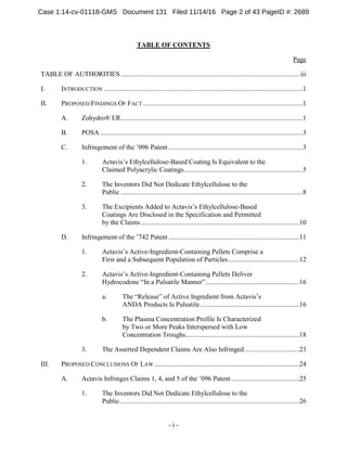 - i -
TABLE OF CONTENTS
Page
TABLE OF AUTHORITIES ......................................................................................................... iii
INTRODUCTION .....................................................................................................................1I.
PROPOSED FINDINGS OF FACT ..............................................................................................1II.
Zohydro® ER...........................................................................................................1A.
POSA .......................................................................................................................3B.
Infringement of the ’096 Patent...............................................................................3C.
Actavis’s Ethylcellulose-Based Coating Is Equivalent to the1.
Claimed Polyacrylic Coatings......................................................................5
The Inventors Did Not Dedicate Ethylcellulose to the2.
Public ...........................................................................................................8
The Excipients Added to Actavis’s Ethylcellulose-Based3.
Coatings Are Disclosed in the Specification and Permitted
by the Claims .............................................................................................10
Infringement of the ’742 Patent.............................................................................11D.
Actavis’s Active-Ingredient-Containing Pellets Comprise a1.
First and a Subsequent Population of Particles..........................................12
Actavis’s Active-Ingredient-Containing Pellets Deliver2.
Hydrocodone “In a Pulsatile Manner”.......................................................16
a. The “Release” of Active Ingredient from Actavis’s
ANDA Products Is Pulsatile ..........................................................16
b. The Plasma Concentration Profile Is Characterized
by Two or More Peaks Interspersed with Low
Concentration Troughs...................................................................18
The Asserted Dependent Claims Are Also Infringed ................................233.
PROPOSED CONCLUSIONS OF LAW .....................................................................................24III.
Actavis Infringes Claims 1, 4, and 5 of the ’096 Patent ........................................25A.
The Inventors Did Not Dedicate Ethylcellulose to the1.
Public .........................................................................................................26
Case 1:14-cv-01118-GMS Document 131 Filed 11/14/16 Page 2 of 43 PageID #: 2689
 