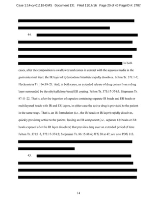 14
44.
In both
cases, after the composition is swallowed and comes in contact with the aqueous media in the
gastrointestinal tract, the IR layer of hydrocodone bitartrate rapidly dissolves. Felton Tr. 371:1-7;
Fleckenstein Tr. 166:18–21. And, in both cases, an extended release of drug comes from a drug
layer surrounded by the ethylcellulose-based ER coating. Felton Tr. 373:17-374:3; Siepmann Tr.
87:11-22. That is, after the ingestion of capsules containing separate IR beads and ER beads or
multilayered beads with IR and ER layers, in either case the active drug is provided to the patient
in the same ways. That is, an IR formulation (i.e., the IR beads or IR layer) rapidly dissolves,
quickly providing active to the patient, leaving an ER component (i.e., separate ER beads or ER
beads exposed after the IR layer dissolves) that provides drug over an extended period of time.
Felton Tr. 371:1-7, 373:17-374:3; Siepmann Tr. 86:15-88:6; JTX 30 at 47; see also PDX 113.
45.
Case 1:14-cv-01118-GMS Document 131 Filed 11/14/16 Page 20 of 43 PageID #: 2707
 