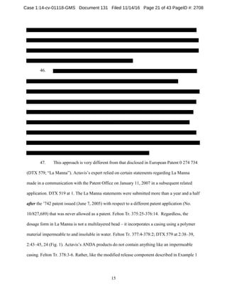 15
46.
47. This approach is very different from that disclosed in European Patent 0 274 734
(DTX 579; “La Manna”). Actavis’s expert relied on certain statements regarding La Manna
made in a communication with the Patent Office on January 11, 2007 in a subsequent related
application. DTX 519 at 1. The La Manna statements were submitted more than a year and a half
after the ’742 patent issued (June 7, 2005) with respect to a different patent application (No.
10/827,689) that was never allowed as a patent. Felton Tr. 375:25-376:14. Regardless, the
dosage form in La Manna is not a multilayered bead – it incorporates a casing using a polymer
material impermeable to and insoluble in water. Felton Tr. 377:4-378:2; DTX 579 at 2:38–39,
2:43–45, 24 (Fig. 1). Actavis’s ANDA products do not contain anything like an impermeable
casing. Felton Tr. 378:3-6. Rather, like the modified release component described in Example 1
Case 1:14-cv-01118-GMS Document 131 Filed 11/14/16 Page 21 of 43 PageID #: 2708
 