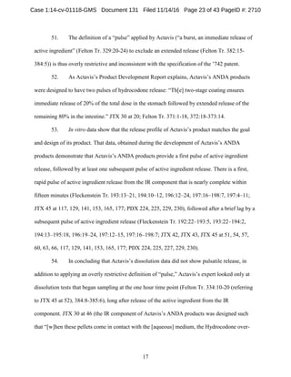 17
51. The definition of a “pulse” applied by Actavis (“a burst, an immediate release of
active ingredient” (Felton Tr. 329:20-24) to exclude an extended release (Felton Tr. 382:15-
384:5)) is thus overly restrictive and inconsistent with the specification of the ’742 patent.
52. As Actavis’s Product Development Report explains, Actavis’s ANDA products
were designed to have two pulses of hydrocodone release: “Th[e] two-stage coating ensures
immediate release of 20% of the total dose in the stomach followed by extended release of the
remaining 80% in the intestine.” JTX 30 at 20; Felton Tr. 371:1-18, 372:18-373:14.
53. In vitro data show that the release profile of Actavis’s product matches the goal
and design of its product. That data, obtained during the development of Actavis’s ANDA
products demonstrate that Actavis’s ANDA products provide a first pulse of active ingredient
release, followed by at least one subsequent pulse of active ingredient release. There is a first,
rapid pulse of active ingredient release from the IR component that is nearly complete within
fifteen minutes (Fleckenstein Tr. 193:13–21, 194:10–12, 196:12–24, 197:16–198:7, 197:4–11;
JTX 45 at 117, 129, 141, 153, 165, 177; PDX 224, 225, 229, 230), followed after a brief lag by a
subsequent pulse of active ingredient release (Fleckenstein Tr. 192:22–193:5, 193:22–194:2,
194:13–195:18, 196:19–24, 197:12–15, 197:16–198:7; JTX 42, JTX 43, JTX 45 at 51, 54, 57,
60, 63, 66, 117, 129, 141, 153, 165, 177; PDX 224, 225, 227, 229, 230).
54. In concluding that Actavis’s dissolution data did not show pulsatile release, in
addition to applying an overly restrictive definition of “pulse,” Actavis’s expert looked only at
dissolution tests that began sampling at the one hour time point (Felton Tr. 334:10-20 (referring
to JTX 45 at 52), 384:8-385:6), long after release of the active ingredient from the IR
component. JTX 30 at 46 (the IR component of Actavis’s ANDA products was designed such
that “[w]hen these pellets come in contact with the [aqueous] medium, the Hydrocodone over-
Case 1:14-cv-01118-GMS Document 131 Filed 11/14/16 Page 23 of 43 PageID #: 2710
 