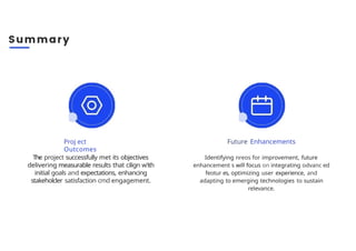 Proj ect
Outcomes
The project successfully met its objectives
delivering measurable results that cilign w'ith
initial goals and expectations, enhancing
stakeholcler satisfaction cmd engagement.
Future Enhancements
Identifying nreos for improvement, future
enhancement s will focus on integrating odvanc ed
feotur es, optimizing user experience, and
adapting to emerging technologies to sustain
relevance.
 