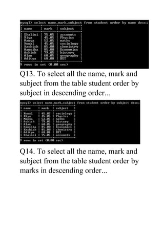 Q13. To select all the name, mark and
subject from the table student order by
subject in descending order...
Q14. To selec...