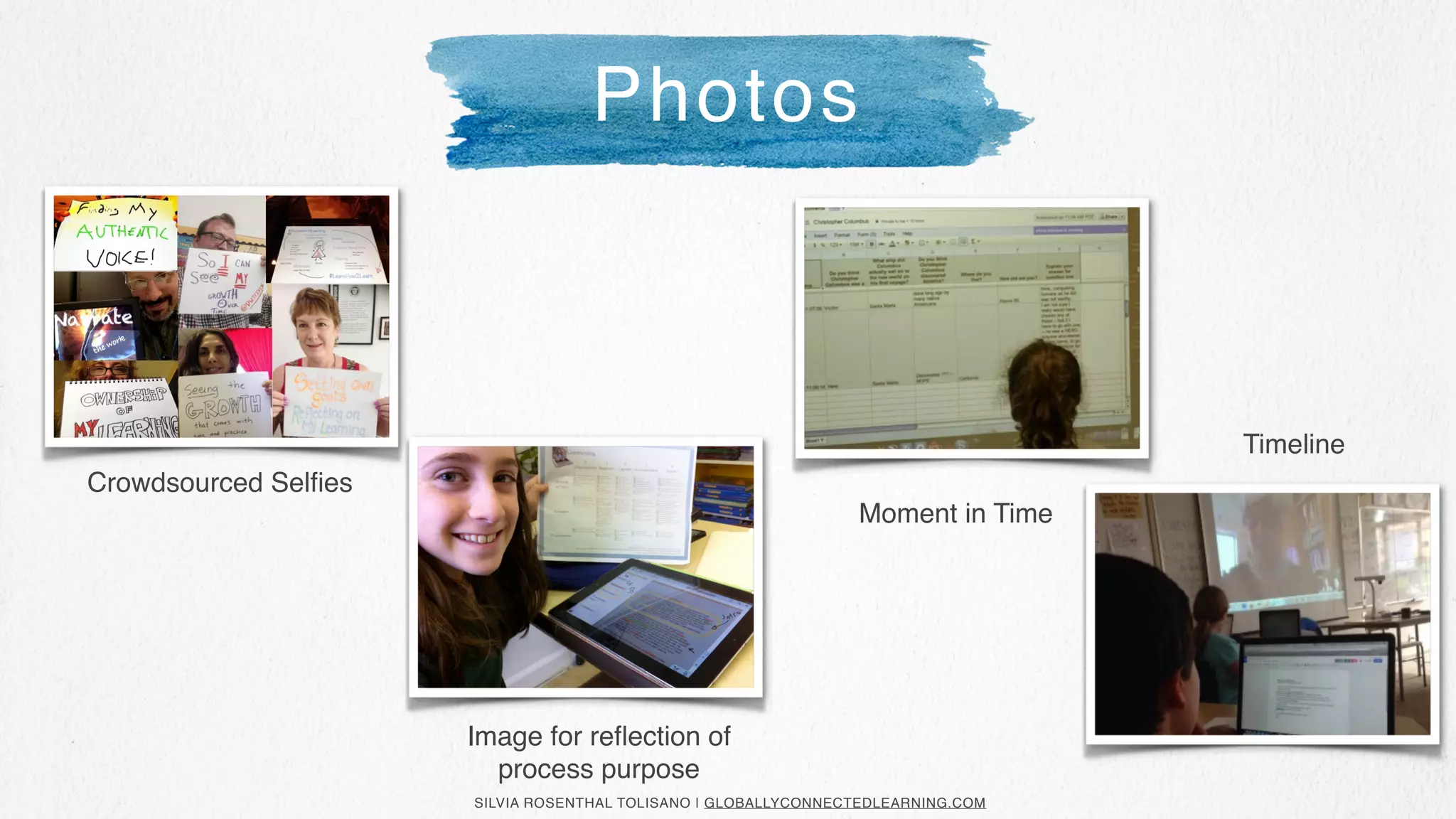 SILVIA ROSENTHAL TOLISANO | GLOBALLYCONNECTEDLEARNING.COM
Crowdsourced Selﬁes
Photos
Image for reﬂection of
process purpose
Timeline
Moment in Time
 