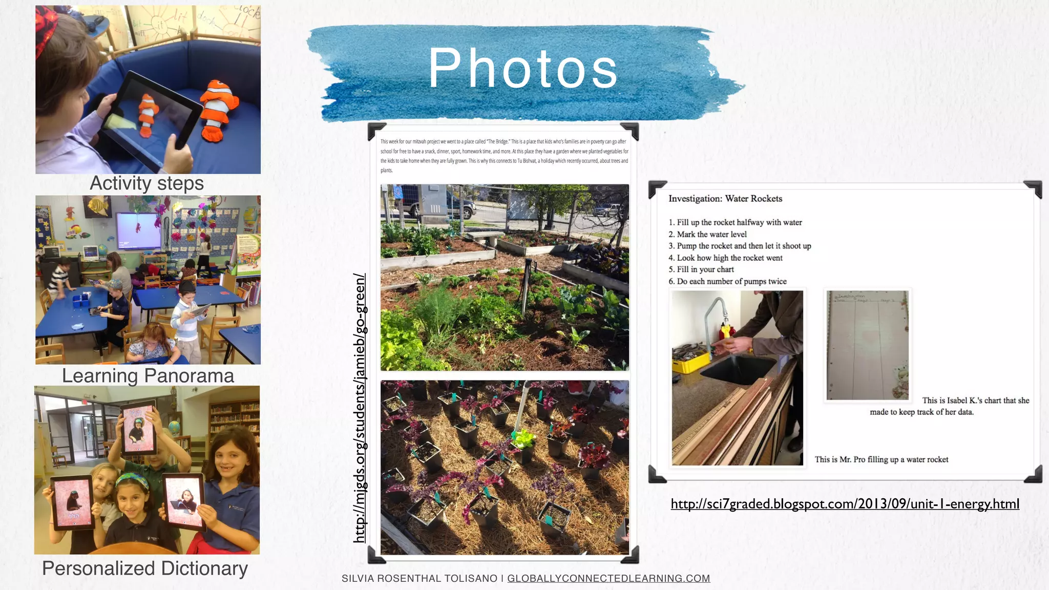 SILVIA ROSENTHAL TOLISANO | GLOBALLYCONNECTEDLEARNING.COM
Personalized Dictionary
Photos
Activity steps
Learning Panorama
http://mjgds.org/students/jamieb/go-green/
http://sci7graded.blogspot.com/2013/09/unit-1-energy.html
 