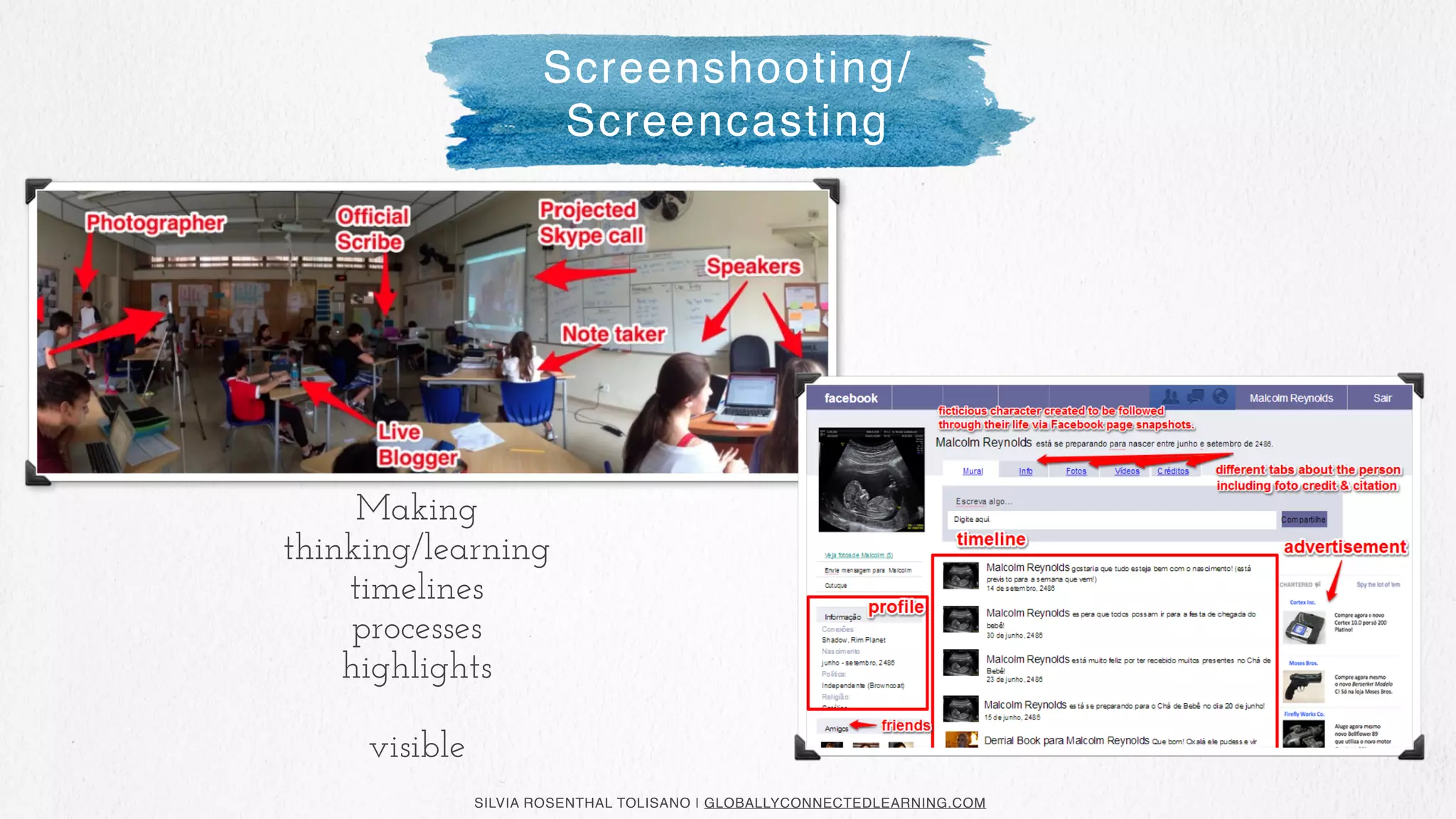 SILVIA ROSENTHAL TOLISANO | GLOBALLYCONNECTEDLEARNING.COM
Making
thinking/learning
timelines
processes
highlights
visible
Screenshooting/
Screencasting
 