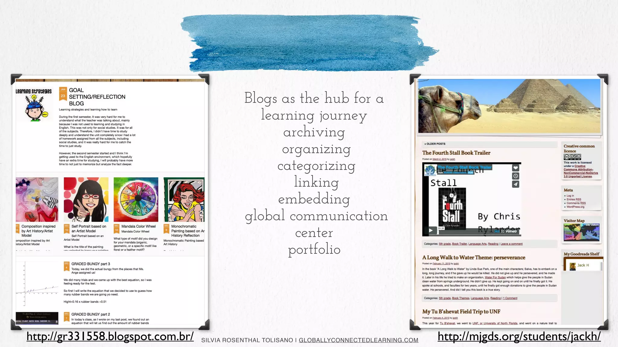 SILVIA ROSENTHAL TOLISANO | GLOBALLYCONNECTEDLEARNING.COM
Blogs as the hub for a
learning journey
archiving
organizing
categorizing
linking
embedding
global communication
center
portfolio
http://gr331558.blogspot.com.br/ http://mjgds.org/students/jackh/
 