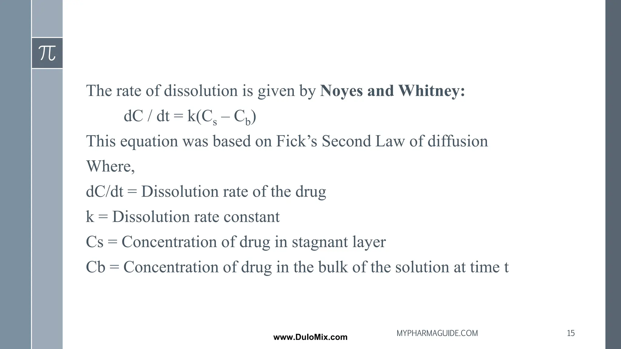 The rate of dissolution is given by Noyes and Whitney:
dC / dt = k(Cs – Cb)
This equation was based on Fick’s Second Law of diffusion
Where,
dC/dt = Dissolution rate of the drug
k = Dissolution rate constant
Cs = Concentration of drug in stagnant layer
Cb = Concentration of drug in the bulk of the solution at time t
15
MYPHARMAGUIDE.COM
www.DuloMix.com
 
