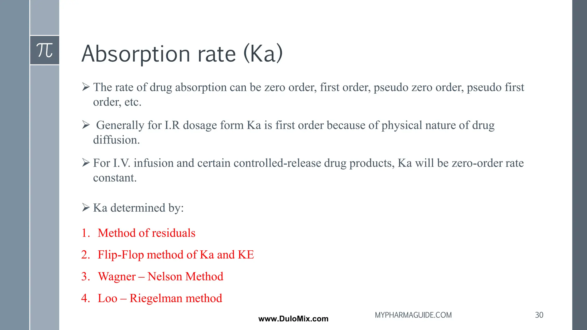 Absorption rate (Ka)
➢ The rate of drug absorption can be zero order, first order, pseudo zero order, pseudo first
order, etc.
➢ Generally for I.R dosage form Ka is first order because of physical nature of drug
diffusion.
➢ For I.V. infusion and certain controlled-release drug products, Ka will be zero-order rate
constant.
➢ Ka determined by:
1. Method of residuals
2. Flip-Flop method of Ka and KE
3. Wagner – Nelson Method
4. Loo – Riegelman method
30
MYPHARMAGUIDE.COM
www.DuloMix.com
 
