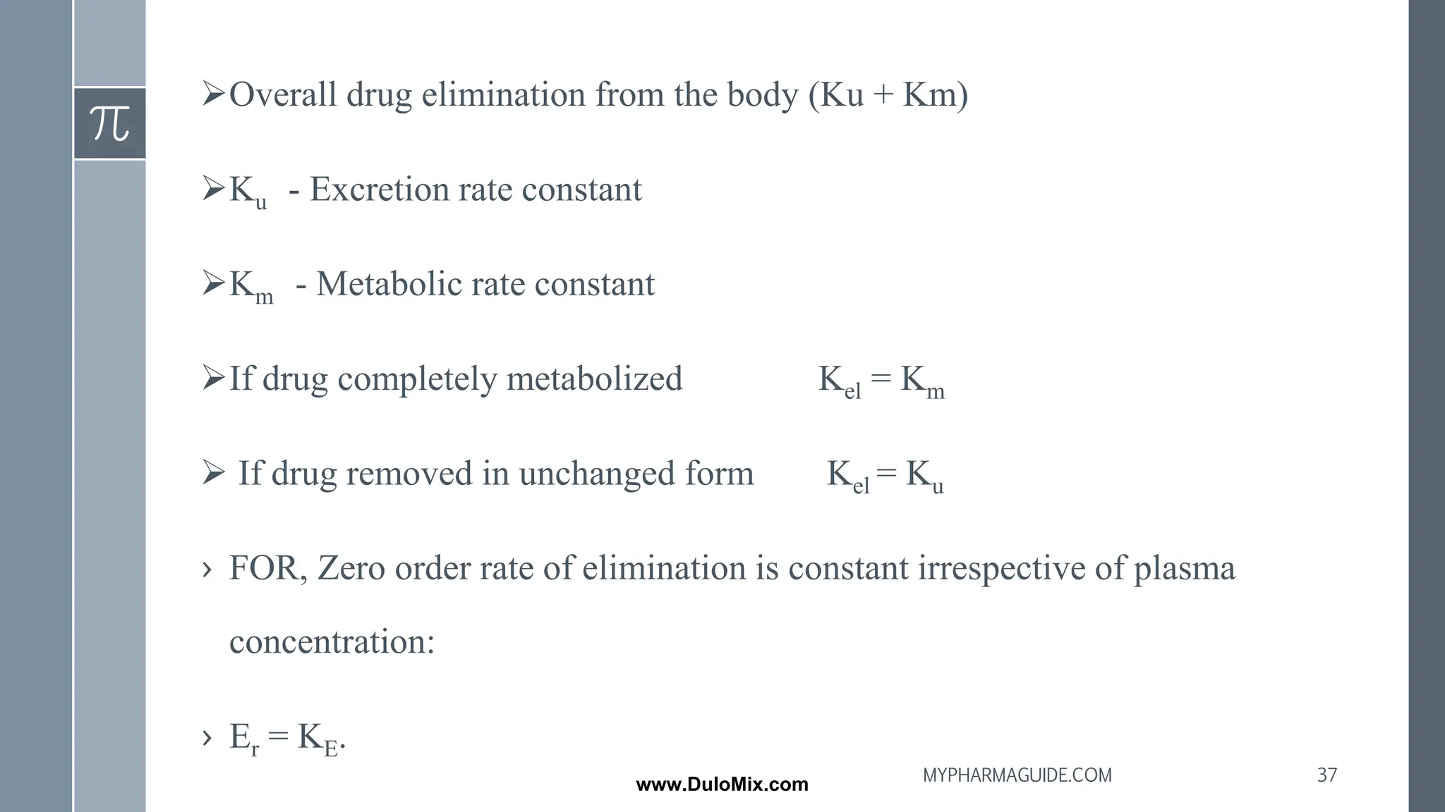 ➢Overall drug elimination from the body (Ku + Km)
➢Ku - Excretion rate constant
➢Km - Metabolic rate constant
➢If drug completely metabolized Kel = Km
➢ If drug removed in unchanged form Kel = Ku
› FOR, Zero order rate of elimination is constant irrespective of plasma
concentration:
› Er = KE.
37
MYPHARMAGUIDE.COM
www.DuloMix.com
 