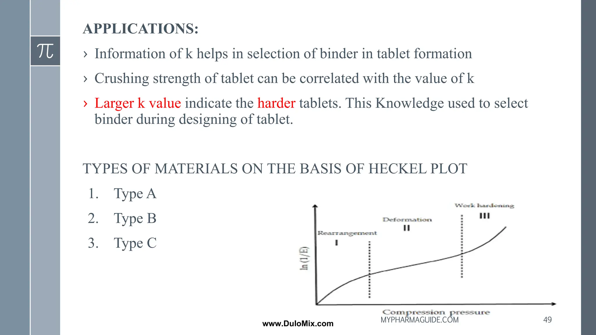 APPLICATIONS:
› Information of k helps in selection of binder in tablet formation
› Crushing strength of tablet can be correlated with the value of k
› Larger k value indicate the harder tablets. This Knowledge used to select
binder during designing of tablet.
TYPES OF MATERIALS ON THE BASIS OF HECKEL PLOT
1. Type A
2. Type B
3. Type C
49
MYPHARMAGUIDE.COM
www.DuloMix.com
 