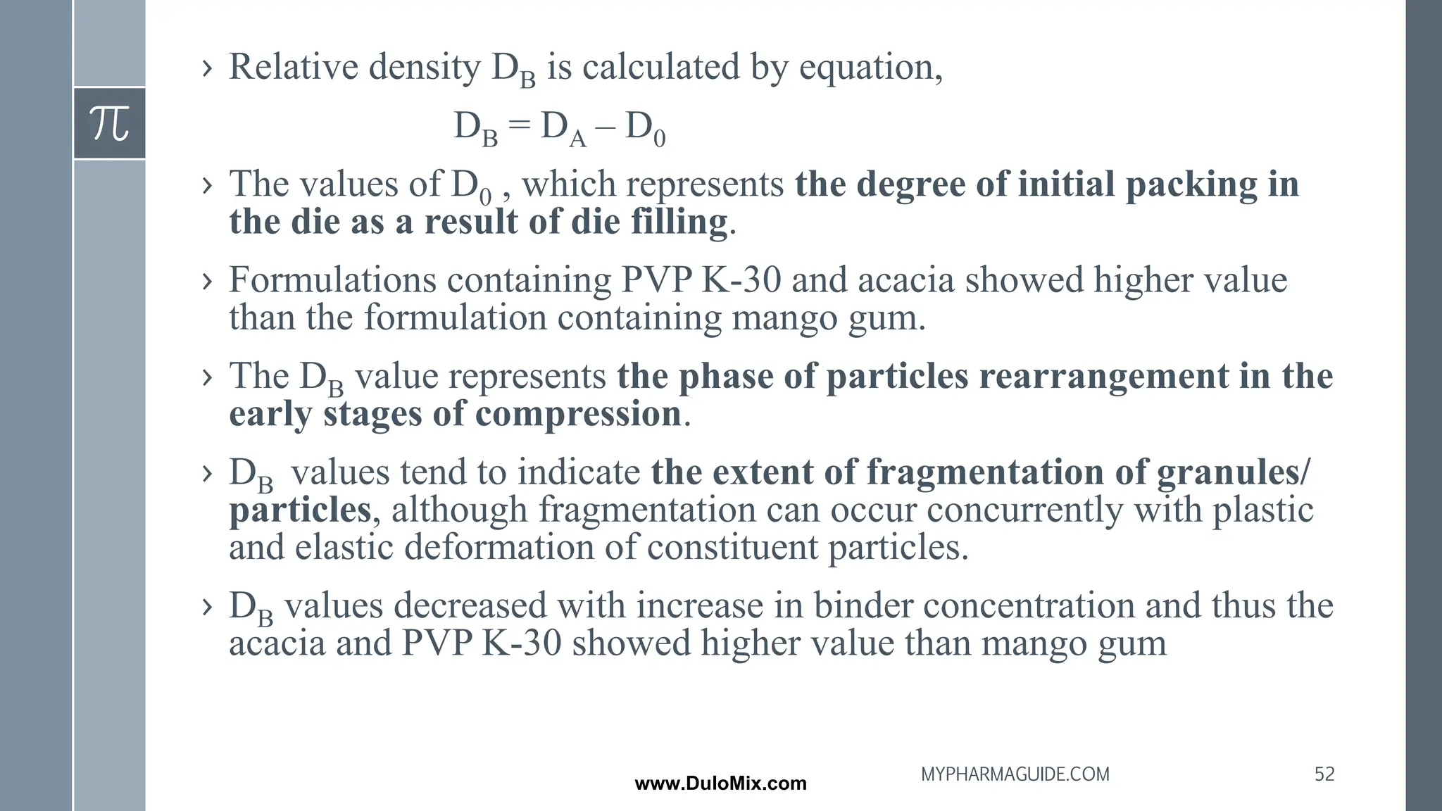 › Relative density DB is calculated by equation,
DB = DA – D0
› The values of D0 , which represents the degree of initial packing in
the die as a result of die filling.
› Formulations containing PVP K-30 and acacia showed higher value
than the formulation containing mango gum.
› The DB value represents the phase of particles rearrangement in the
early stages of compression.
› DB values tend to indicate the extent of fragmentation of granules/
particles, although fragmentation can occur concurrently with plastic
and elastic deformation of constituent particles.
› DB values decreased with increase in binder concentration and thus the
acacia and PVP K-30 showed higher value than mango gum
52
MYPHARMAGUIDE.COM
www.DuloMix.com
 