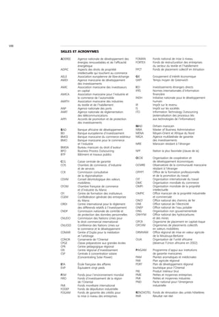 VIII
       SIGLES ET ACRONYMES

       ADEREE   Agence nationale de développement des        FOMAN       Fonds national de mise à niveau
                énergies renouvelables et de l’efficacité    FORTEX      Fonds de restructuration des entreprises
                énergétique                                              du secteur du textile et l’habillement
       ADPIC    Aspects des droits de propriété              FPCT        Fonds de placement collectif en titrisation
                intellectuelle qui touchent au commerce
       AELE     Association européenne de libre-échange      GIE         Groupement d’intérêt économique
       AMDI     Agence marocaine de développement            GMT         Temps moyen de Greenwich
                des investissements
       AMIC     Association marocaine des investisseurs      IED         Investissements étrangers directs
                en capital                                   IFRS        Normes internationales d’information
       AMICA    Association marocaine pour l’industrie et                financière
                le commerce de l’automobile                  INDH        Initiative nationale pour le développement
       AMITH    Association marocaine des industries                     humain
                du textile et de l’habillement               IR          Impôt sur le revenu
       ANP      Agence nationale des ports                   IS          Impôt sur les sociétés
       ANRT     Agence nationale de réglementation           ITO         Information Technology Outsourcing
                des télécommunications                                   (externalisation des processus liés
       APPI     Accords de promotion et de protection                    aux technologies de l’information)
                des investissements
                                                             MAD         Dirham marocain
       BAD      Banque africaine de développement            MBA         Master of Business Administration
       BEI      Banque européenne d’investissement           MENA        Moyen-Orient et Afrique du Nord
       BMCE     Banque marocaine du commerce extérieur       MIGA        Agence multilatérale de garantie
       BMCI     Banque marocaine pour le commerce                        des investissements
                et l’industrie                               MRE         Marocain résidant à l’étranger
       BMDA     Bureau marocain du droit d’auteur
       BPO      Business Process Outsourcing                 NPF         Nation la plus favorisée (clause de la)
       BTP      Bâtiment et travaux publics
                                                             OCDE        Organisation de coopération et
       CCG      Caisse centrale de garantie                              de développement économiques
       CCIS     Chambre de commerce, d’industrie             OCMRE       Observatoire de la communauté marocaine
                et de services                                           résidant à l’étranger
       CCR      Commission consultative                      OFPPT       Office de la formation professionnelle
                de la régionalisation                                    et de la promotion du travail
       CDVM     Conseil déontologique des valeurs            OIT         Organisation internationale du travail
                mobilières                                   OMC         Organisation mondiale du commerce
       CFCIM    Chambre française de commerce                OMPI        Organisation mondiale de la propriété
                et d’industrie du Maroc                                  intellectuelle
       CFI      Centre de formation des instituteurs         OMPIC       Office marocain de la propriété industrielle
       CGEM     Confédération générale des entreprises                   et commerciale
                du Maroc                                     ONCF        Office national des chemins de fer
       CIRDI    Centre international pour le règlement       ONE         Office national de l’électricité
                des différends relatifs à l’investissement   ONEP        Office national de l’eau potable
       CNDP     Commission nationale de contrôle et          ONG         Organisation non gouvernementale
                de protection des données personnelles       ONHYM       Office national des hydrocarbures
       CNUDCI   Commission des Nations Unies pour                        et des mines
                le droit commercial international            OPCR        Organisme de placement en capital-risque
       CNUCED   Conférence des Nations Unies sur             OPCVM       Organismes de placements collectifs
                le commerce et le développement                          en valeurs mobilières
       COMAR    Centre d’Oujda pour la médiation             ORMVAM      Office régional de mise en valeur agricole
                et l’arbitrage                                           de la Moulouya-Berkane
       CONOR    Conserverie de l’Oriental                    OUA         Organisation de l’unité africaine
       CPGE     Classe préparatoire aux grandes écoles                   (devenue l’Union africaine en 2002)
       CPR      Centre pédagogique régional
       CRI      Centre régional d’investissement             PAIGAM      Programme d’appui aux institutions
       CSP      Centrale à concentration solaire                         de garantie marocaines
                (Concentrating Solar Power)                  PAM         Plantes aromatiques et médicinales
                                                             PAR         Plan agricole régional
       EFA      École française des affaires                 PDRT        Plan de développement régional
       EVP      Équivalent vingt pieds                                   touristique pour l’Oriental
                                                             PIB         Produit intérieur brut
       FEM      Fonds pour l’environnement mondial           PME         Petites et moyennes entreprises
       FIRO     Fonds d’investissement de la région          PMI         Petites et moyennes industries
                de l’Oriental                                PNEI        Pacte national pour l’émergence
       FMI      Fonds monétaire international                            industrielle
       FODEP    Fonds de dépollution industrielle
       FOGAM    Fonds de garantie des crédits pour           RENOVOTEL Fonds de rénovation des unités hôtelières
                la mise à niveau des entreprises             RNR       Résultat net réel
 
