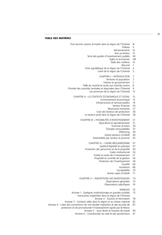 XI
TABLE DES MATIÈRES

                       Trois bonnes raisons d’investir dans la région de l’Oriental      III
                                                                            Préface      V
                                                                    Remerciements        VI
                                                                     Avis au lecteur     VI
                                        Série des guides d’investissement publiés        VII
                                                               Sigles et acronymes       VIII
                                                                Table des matières       XI
                                                                            Résumé       1
                                     Fiche signalétique de la région de l’Oriental       4
                                                  Carte de la région de l’Oriental       5

                                                     CHAPITRE I – INTRODUCTION           7
                                                             Territoire et population    7
                                                          Histoire et gouvernement       7
                                    Taille du marché et accès aux marchés voisins        8
                     Priorités des autorités centrales et régionales dans l’Oriental     9
                                            Les provinces de la région de l’Oriental     12

                          CHAPITRE II – LE CONTEXTE ÉCONOMIQUE ET SOCIAL                 15
                                                    Environnement économique             15
                                               Infrastructures et services publics       19
                                                                Secteur financier        24
                                                           Ressources humaines           27
                                                Coût des facteurs de production          28
                                    Le secteur privé dans la région de l’Oriental        28

                                 CHAPITRE III – POSSIBILITÉS D’INVESTISSEMENT            31
                                                  Agriculture et agroalimentaire         31
                                                                Tourisme et loisirs      34
                                                           Énergies renouvelables        37
                                                                       Offshoring        39
                                                         Autres secteurs d’intérêt       40
                                             Potentialités par secteur et province       45

                                         CHAPITRE IV – CADRE RÉGLEMENTAIRE               47
                                                    Système législatif et judiciaire     47
                                      Protection des personnes et de la propriété        50
                                                               Cadre institutionnel      50
                                               Entrée et sortie de l’investissement      51
                                               Propriété et contrôle de la gestion       56
                                                    Protection de l’investissement       58
                                                                             Fiscalité   60
                                                                         Incitations     66
                                                                       Comptabilité      70
                                                            Autres sujets d’intérêt      71

                                CHAPITRE V – PERCEPTIONS DES INVESTISSEURS               73
                                                      Observations générales             73
                                                     Observations spécifiques            74

                                                                       ANNEXES           75
                         Annexe 1: Quelques multinationales et grandes sociétés          75
                              marocaines implantées dans la région de l’Oriental
                                               Annexe 2 : Sources d’information          78
                  Annexe 3 : Contacts utiles dans la région et au niveau national        82
  Annexe 4 : Listes des conventions de non-double imposition et des accords de           87
              protection et de promotionde l’investissement signés par le Maroc
                                    Annexe 5 : Jours fériés et horaires de travail       90
                            Annexe 6 : Coordonnées du wali et des gouverneurs            91
 
