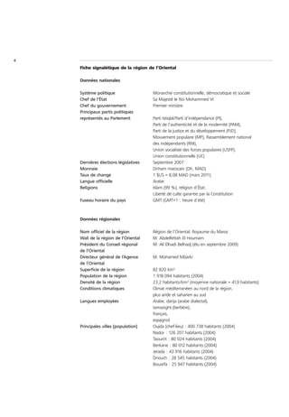 4
    Fiche signalétique de la région de l’Oriental

    Données nationales

    Système politique                  Monarchie constitutionnelle, démocratique et sociale
    Chef de l’État                     Sa Majesté le Roi Mohammed VI
    Chef du gouvernement               Premier ministre
    Principaux partis politiques
    représentés au Parlement           Parti Istiqlal/Parti d’indépendance (PI),
                                       Parti de l’authenticité et de la modernité (PAM),
                                       Parti de la justice et du développement (PJD),
                                       Mouvement populaire (MP), Rassemblement national
                                       des indépendants (RNI),
                                       Union socialiste des forces populaires (USFP),
                                       Union constitutionnelle (UC)
    Dernières élections législatives   Septembre 2007
    Monnaie                            Dirham marocain (Dh, MAD)
    Taux de change                     1 $US = 8,08 MAD (mars 2011)
    Langue officielle                  Arabe
    Religions                          Islam (99 %), religion d’État.
                                       Liberté de culte garantie par la Constitution
    Fuseau horaire du pays             GMT (GMT+1 : heure d’été)



    Données régionales

    Nom officiel de la région          Région de l’Oriental, Royaume du Maroc
    Wali de la région de l’Oriental    M. Abdelfettah El Houmam
    Président du Conseil régional      M. Ali Elhadi Belhadj (élu en septembre 2009)
    de l’Oriental
    Directeur général de l’Agence      M. Mohamed Mbarki
    de l’Oriental
    Superficie de la région            82 820 km²
    Population de la région            1 918 094 habitants (2004)
    Densité de la région               23,2 habitants/km² (moyenne nationale = 41,9 habitants)
    Conditions climatiques             Climat méditerranéen au nord de la région,
                                       plus aride et saharien au sud
    Langues employées                  Arabe, darija (arabe dialectal),
                                       tamazight (berbère),
                                       français,
                                       espagnol
    Principales villes (population)    Oujda (chef-lieu) : 400 738 habitants (2004)
                                       Nador : 126 207 habitants (2004)
                                       Taourirt : 80 024 habitants (2004)
                                       Berkane : 80 012 habitants (2004)
                                       Jerada : 43 916 habitants (2004)
                                       Driouch : 28 545 habitants (2004)
                                       Bouarfa : 25 947 habitants (2004)
 