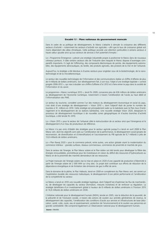 11


                      Encadré 1.1 : Plans nationaux du gouvernement marocain

Dans le cadre de sa politique de développement, le Maroc s’attache à stimuler la croissance des différents
secteurs d’activité – notamment les secteurs d’activité non agricoles – afin que le taux de croissance global soit
moins dépendant des aléas climatiques. Cette politique accorde une attention particulière à certains secteurs à
haute valeur ajoutée ainsi qu’aux secteurs de services à fort potentiel d’emploi :

Le « Programme Émergence » prévoit une stratégie industrielle propre à positionner le Maroc dans de nouveaux
créneaux porteurs. Il cible certains secteurs clés de l’industrie dans lesquels le Maroc dispose d’avantages com-
paratifs importants. Il s’agit de l’offshoring, des composants électroniques de pointe, des équipements automo-
biles, des équipements aéronautiques, du textile, des produits agricoles, des produits de la mer et de l’artisanat.

Aujourd’hui, la stratégie a été étendue à d’autres secteurs pour englober ceux de la biotechnologie, de la nano-
technologie et de la microélectronique.

Le secteur des nouvelles technologies de l’information et des communications réalise un chiffre d’affaires de plus
de 4 milliards de dollars américains. Son développement fait, à son tour, l’objet d’une stratégie baptisée « contrat
progrès 2006-2012 », qui vise à doubler son chiffre d’affaires d’ici 2012 et à faire entrer le pays dans la société de
l’information et du savoir.

Le programme « Maroc numérique 2013 », lancé fin 2009, consacrera plus de 636 millions de dollars américains
au développement de l’économie numérique, notamment à travers l’amélioration de l’accès au haut débit et
l’informatisation des PME.

Le secteur du tourisme, considéré comme l’un des moteurs du développement économique et social du pays,
s’est doté d’une stratégie de développement « Vision 2010 », dont l’objectif était de porter le nombre de
touristes à 10 millions en 2010. Cette stratégie est principalement axée sur le balnéaire avec le Plan Azur (l’amé-
nagement et le développement de six stations balnéaires). Une nouvelle stratégie Vision 2020, élargissant le
processus de développement touristique à de nouvelles zones géographiques et d’autres branches d’activité
touristique, a été lancée fin 2010.

La « Vision 2015 » pour le secteur de l’artisanat cible la restructuration de ce secteur ainsi que l’émergence et le
développement d’un tissu de producteurs de référence.

Le Maroc n’a pas omis d’établir des stratégies pour le secteur agricole puisqu’il a lancé en avril 2008 le Plan
Maroc vert, dont les objectifs sont axés sur l’amélioration de la performance, le développement social (projets de
reconversion, de diversification et d’intensification) et l’accroissement du PIB agricole de 9,7 milliards à près de
13,8 milliards de dollars américains.

Le « Plan Rawaj 2020 » pour le commerce prévoit, entre autres, une action globale visant la modernisation du
commerce intérieur : grandes surfaces, réseaux commerciaux, commerces de proximité et marchés de gros.

Dans le secteur de l’énergie, le Plan Maroc solaire et le Plan éolien ont été lancés pour développer la filière des
énergies renouvelables, prometteuse pour les investisseurs en raison du déficit des ressources d’hydrocarbures au
Maroc et de la proximité des marchés demandeurs de ces ressources.

Le Projet marocain de l’énergie solaire vise la mise en place en 2020 d’une capacité de production d’électricité à
partir de l’énergie solaire de 2 000 MW sur cinq sites. Ce projet doit contribuer aux efforts de réduction de la
dépendance énergétique et de limitation des émissions de gaz à effet de serre.

Dans le domaine de la pêche, le Plan Halieutis, lancé en 2009 en complément du Plan Maroc vert, est centré sur
l’exploitation durable des ressources halieutiques, le développement d’une pêche performante et l’amélioration
de la compétitivité du secteur.

Le Maroc a lancé en 2010 une nouvelle stratégie logistique, dont l’objectif est d’optimiser les flux de marchandis-
es, de développer les capacités du secteur (formation, mesures incitatives) et de renforcer sa régulation. La
stratégie bénéficiera d’un investissement global à hauteur de 8 milliards de dollars américains à l’horizon 2015
et 14,8 milliards de dollars américains en 2030.

L’Initiative nationale pour le développement humain (INDH), lancée en 2005, vise la réduction de la pauvreté, de
la précarité et de l’exclusion sociale, à travers des actions de soutien aux activités génératrices de revenus, le
développement des capacités, l’amélioration des conditions d’accès aux services et infrastructures de base (édu-
cation, santé, culte, route, eau et assainissement, protection de l’environnement) et le soutien aux personnes en
grande vulnérabilité. Elle comprend également un Observatoire national pour le développement humain.
Source : CNUCED.
 