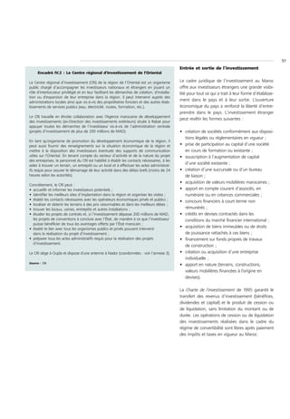 51
                                                                                               Entrée et sortie de l’investissement
     Encadré IV.2 : Le Centre régional d'investissement de l'Oriental

Le Centre régional d’investissement (CRI) de la région de l’Oriental est un organisme          Le cadre juridique de l’investissement au Maroc
public chargé d’accompagner les investisseurs nationaux et étrangers en jouant un              offre aux investisseurs étrangers une grande visibi-
rôle d'interlocuteur privilégié et en leur facilitant les démarches de création, d'installa-   lité pour tout ce qui a trait à leur forme d’établisse-
tion ou d'expansion de leur entreprise dans la région. Il peut intervenir auprès des
administrations locales ainsi que vis-à-vis des propriétaires fonciers et des autres étab-
                                                                                               ment dans le pays et à leur sortie. L’ouverture
lissements de services publics (eau, électricité, routes, formation, etc.).                    économique du pays a renforcé la liberté d’entre-
                                                                                               prendre dans le pays. L’investissement étranger
Le CRI travaille en étroite collaboration avec l’Agence marocaine de développement
                                                                                               peut revêtir les formes suivantes :
des investissements (ex-Direction des investissements extérieurs) située à Rabat pour
appuyer toutes les démarches de l’investisseur vis-à-vis de l’administration centrale
(projets d’investissement de plus de 200 millions de MAD).                                     • création de sociétés conformément aux disposi-
                                                                                                 tions légales ou réglementaires en vigueur ;
En tant qu’organisme de promotion du développement économique de la région, il
peut aussi fournir des renseignements sur la situation économique de la région et              • prise de participation au capital d’une société
mettre à la disposition des investisseurs éventuels des supports de communication                en cours de formation ou existante ;
utiles sur l'Oriental. En tenant compte du secteur d’activité et de la nature du projet        • souscription à l’augmentation de capital
des entreprises, le personnel du CRI est habilité à établir les contacts nécessaires, à les
aider à trouver un terrain, un entrepôt ou un local et à effectuer les actes administrat-
                                                                                                 d’une société existante ;
ifs requis pour assurer le démarrage de leur activité dans des délais brefs (moins de 24       • création d’une succursale ou d’un bureau
heures selon les autorités).                                                                     de liaison ;
                                                                                               • acquisition de valeurs mobilières marocaines ;
Concrètement, le CRI peut :
• accueillir et informer les investisseurs potentiels ;                                        • apport en compte courant d’associés, en
• identifier les meilleurs sites d’implantation dans la région et organiser les visites ;        numéraire ou en créances commerciales ;
• établir les contacts nécessaires avec les opérateurs économiques privés et publics ;         • concours financiers à court terme non
• localiser et obtenir les terrains à des prix raisonnables et dans les meilleurs délais ;
• trouver les locaux, usines, entrepôts et autres installations ;                                rémunérés ;
• étudier les projets de contrats et, si l’investissement dépasse 200 millions de MAD,         • crédits en devises contractés dans les
  les projets de conventions à conclure avec l’État, de manière à ce que l’investisseur          conditions du marché financier international ;
  puisse bénéficier de tous les avantages offerts par l’État marocain ;
• établir le lien avec tous les organismes publics et privés pouvant intervenir
                                                                                               • acquisition de biens immeubles ou de droits
  dans la réalisation du projet d’investissement ;                                               de jouissance rattachés à ces biens ;
• préparer tous les actes administratifs requis pour la réalisation des projets                • financement sur fonds propres de travaux
  d’investissement.
                                                                                                 de construction ;
Le CRI siège à Oujda et dispose d'une antenne à Nador (coordonnées : voir l’annexe 3).         • création ou acquisition d’une entreprise
                                                                                                 individuelle ;
Source : CRI
                                                                                               • apport en nature (terrains, constructions,
                                                                                                 valeurs mobilières financées à l’origine en
                                                                                                 devises).

                                                                                               La Charte de l’investissement de 1995 garantit le
                                                                                               transfert des revenus d’investissement (bénéfices,
                                                                                               dividendes et capital) et le produit de cession ou
                                                                                               de liquidation, sans limitation du montant ou de
                                                                                               durée. Les opérations de cession ou de liquidation
                                                                                               des investissements réalisées dans le cadre du
                                                                                               régime de convertibilité sont libres après paiement
                                                                                               des impôts et taxes en vigueur au Maroc.
 