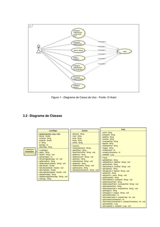 Figura 1 - Diagrama de Casos de Uso - Fonte: O Autor
3.2 - Diagrama de Classes
+ setIdUsuario(idUsuario : String) : void
+ getIdUsuario() : String
+ setSenha(senha : String) : void
+ getSenha() : String
+ setEmail(email : String) : void
+ getEmail() : String
+ setNome(nome : String) : void
+ getNome() : String
+ setUrlPhto(urlPhto : String) : void
+ getUrlPhto() : String
+ Usuario(idUsuario : String)
+ Usuario()
- urlPhto : String
- senha : String
- email : String
- nome : String
- idUsuario : String
Usuario
+ toString() : String
+ setStatusVaga(statusVaga : String) : void
+ getStatusVaga() : String
+ setLongitude(longitude : Double) : void
+ getLongitude() : Double
+ setLatitude(latitude : Double) : void
+ getLatitude() : Double
+ setNomeRua(nomeRua : String) : void
+ getNomeRua() : String
+ setTipoVaga(tipoVaga : int) : void
+ getTipoVaga() : int
+ setId(id : String) : void
+ getId() : String
+ LocalVaga()
- statusVaga : String
- tipoVaga : int
- id : String
- longitude : Double
- nomeRua : String
- latitude : Double
+ serialVersionUID : long = 100L
LocalVaga
+ setCreatedAt( in createdAt : Long) : void
+ getCreatedAt() : Long
+ setContadorComentarios( in contadorComentarios : int) : void
+ getContadorComentarios() : int
+ setContadorLikes( in contadorLikes : int) : void
+ getContadorLikes() : int
+ setImagem( in imagem : String) : void
+ getImagem() : String
+ setEmailUserPost( in emailUserPost : String) : void
+ getEmailUserPost() : String
+ setNomeUserPost( in nomeUserPost : String) : void
+ getNomeUserPost() : String
+ setPhotoperfil( in photoperfil : String) : void
+ getPhotoperfil() : String
+ setUserId( in userId : String) : void
+ getUserId() : String
+ setLegenda( in legenda : String) : void
+ getLegenda() : String
+ setHoraPost( in horaPost : String) : void
+ getHoraPost() : String
+ setDataPost( in dataPost : String) : void
+ getDataPost() : String
+ Feed()
- createdAt : Long
- contadorComentarios : int
- contadorLikes : int
- imagem : String
- emailUserPost : String
- legenda : String
- nomeUserPost : String
- horaPost : String
- dataPost : String
- photoperfil : String
- userId : String
Feed
<<interface>>
Serializable
 
