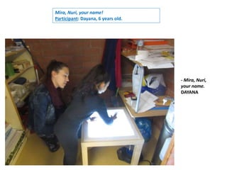 - Mira, Nuri,
your name.
DAYANA
Mira, Nuri, your name!
Participant: Dayana, 6 years old.
 