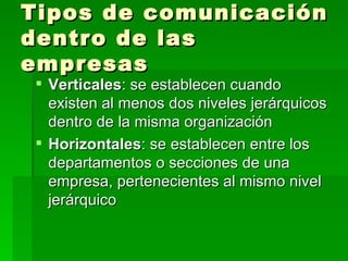 Tipos de comunicación dentro de las empresas Verticales : se establecen cuando existen al menos dos niveles jerárquicos dentro de la misma organización Horizontales : se establecen entre los departamentos o secciones de una empresa, pertenecientes al mismo nivel jerárquico 