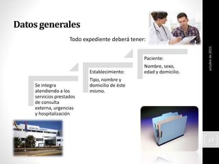 Datos generales
Todo expediente deberá tener:
octubrede2015
17
Se integra
atendiendo a los
servicios prestados
de consulta
externa, urgencias
y hospitalización
Establecimiento:
Tipo, nombre y
domicilio de éste
mismo.
Paciente:
Nombre, sexo,
edad y domicilio.
 