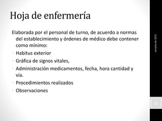 Hoja de enfermería
Elaborada por el personal de turno, de acuerdo a normas
del establecimiento y órdenes de médico debe contener
como mínimo:
• Habitus exterior
• Gráfica de signos vitales,
• Administración medicamentos, fecha, hora cantidad y
vía.
• Procedimientos realizados
• Observaciones
octubrede2015
25
 
