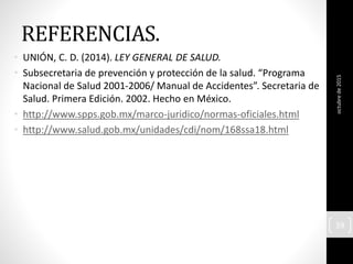 REFERENCIAS.
• UNIÓN, C. D. (2014). LEY GENERAL DE SALUD.
• Subsecretaria de prevención y protección de la salud. “Programa
Nacional de Salud 2001-2006/ Manual de Accidentes”. Secretaria de
Salud. Primera Edición. 2002. Hecho en México.
• http://www.spps.gob.mx/marco-juridico/normas-oficiales.html
• http://www.salud.gob.mx/unidades/cdi/nom/168ssa18.html
octubrede2015
39
 