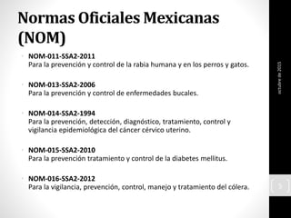 Normas Oficiales Mexicanas
(NOM)
• NOM-011-SSA2-2011
Para la prevención y control de la rabia humana y en los perros y gatos.
• NOM-013-SSA2-2006
Para la prevención y control de enfermedades bucales.
• NOM-014-SSA2-1994
Para la prevención, detección, diagnóstico, tratamiento, control y
vigilancia epidemiológica del cáncer cérvico uterino.
• NOM-015-SSA2-2010
Para la prevención tratamiento y control de la diabetes mellitus.
• NOM-016-SSA2-2012
Para la vigilancia, prevención, control, manejo y tratamiento del cólera.
octubrede2015
5
 