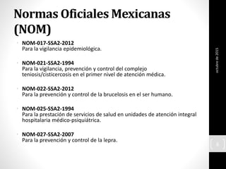 Normas Oficiales Mexicanas
(NOM)
• NOM-017-SSA2-2012
Para la vigilancia epidemiológica.
• NOM-021-SSA2-1994
Para la vigilancia, prevención y control del complejo
teniosis/cisticercosis en el primer nivel de atención médica.
• NOM-022-SSA2-2012
Para la prevención y control de la brucelosis en el ser humano.
• NOM-025-SSA2-1994
Para la prestación de servicios de salud en unidades de atención integral
hospitalaria médico‐psiquiátrica.
• NOM-027-SSA2-2007
Para la prevención y control de la lepra.
octubrede2015
6
 