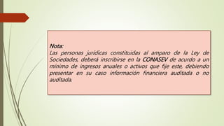 Nota:
Las personas jurídicas constituidas al amparo de la Ley de
Sociedades, deberá inscribirse en la CONASEV de acurdo a un
mínimo de ingresos anuales o activos que fije este, debiendo
presentar en su caso información financiera auditada o no
auditada.
 