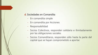 d. Sociedades en Comandita
- En comandita simple
- En comandita por Acciones
- Responsabilidad
- Socios Colectivos, responden solidaria e ilimitadamente
por las obligaciones sociales.
- Socios Comanditaros, responden sólo hasta la parte del
capital que se hayan comprometido a aportar.
 